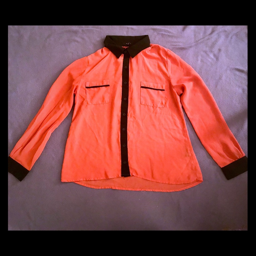 Black and Orange chiffon button down (M)